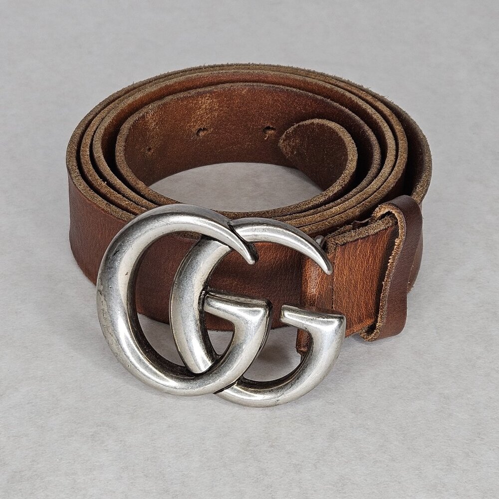 Men's Gucci GG Buckle Brown Tan Leather Belt 53 Inches Long 1.5 Inch Wide - Picture 1 of 12